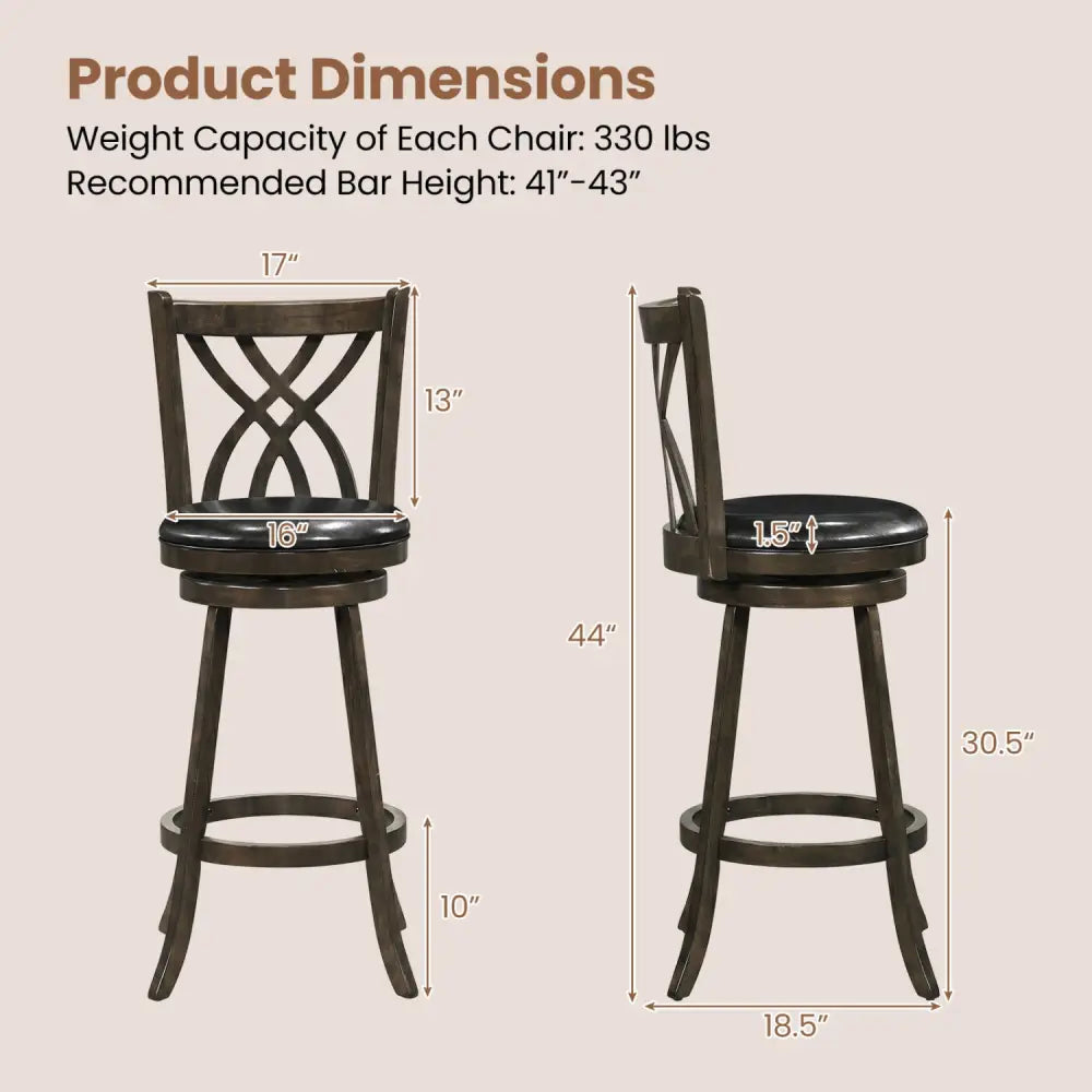 Set of 2 29’’ Counter Height Bar Stools with Rubber Wood Frame and Hollowed Backrest-Gray - Gray - Bar Stools