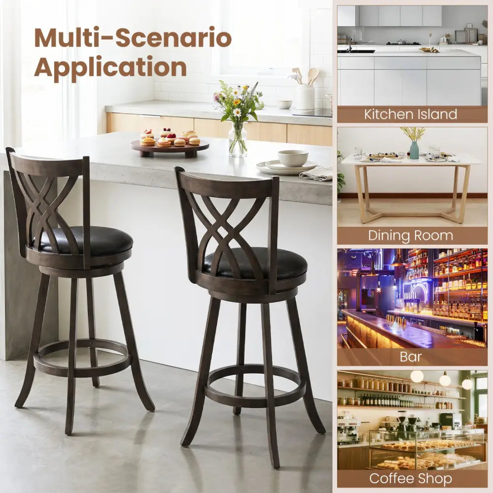 Set of 2 29’’ Counter Height Bar Stools with Rubber Wood Frame and Hollowed Backrest-Gray - Gray - Bar Stools