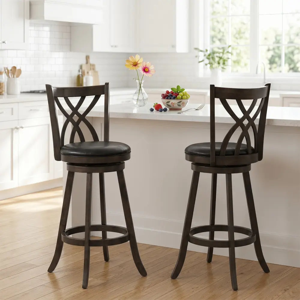Set of 2 29’’ Counter Height Bar Stools with Rubber Wood Frame and Hollowed Backrest-Gray - Gray - Bar Stools