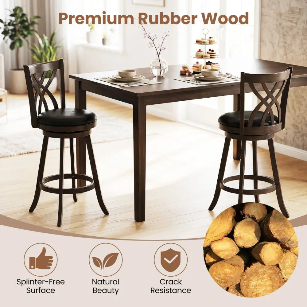 Set of 2 29’’ Counter Height Bar Stools with Rubber Wood Frame and Hollowed Backrest-Gray - Gray - Bar Stools