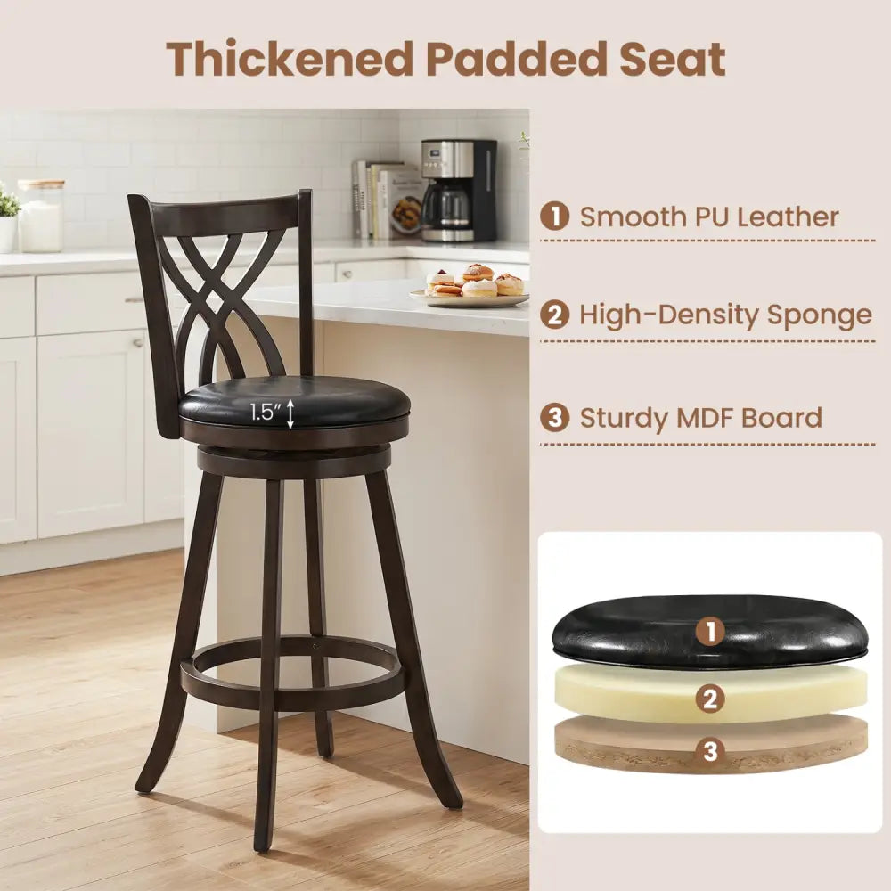 Set of 2 29’’ Counter Height Bar Stools with Rubber Wood Frame and Hollowed Backrest-Gray - Gray - Bar Stools