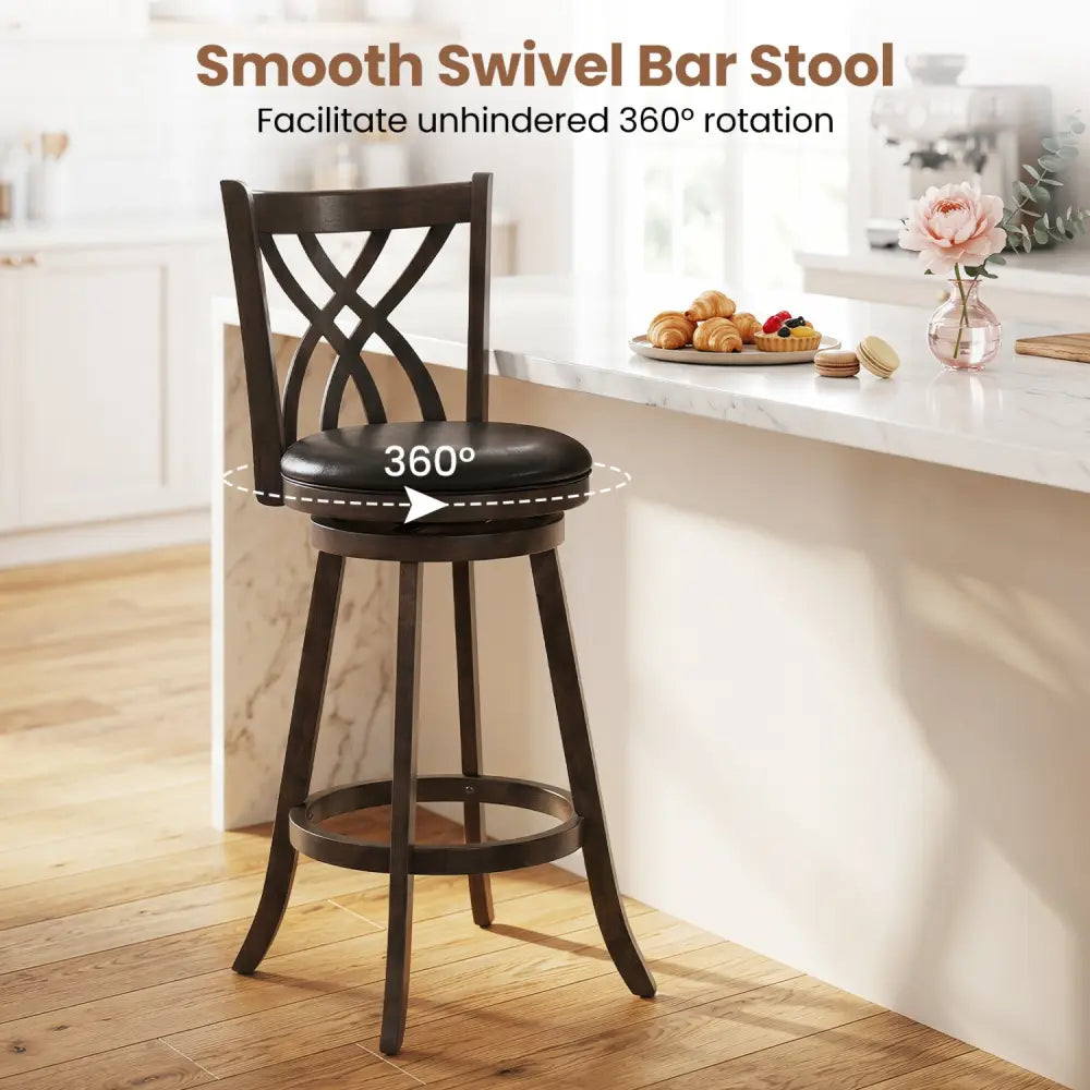 Set of 2 29’’ Counter Height Bar Stools with Rubber Wood Frame and Hollowed Backrest-Gray - Gray - Bar Stools