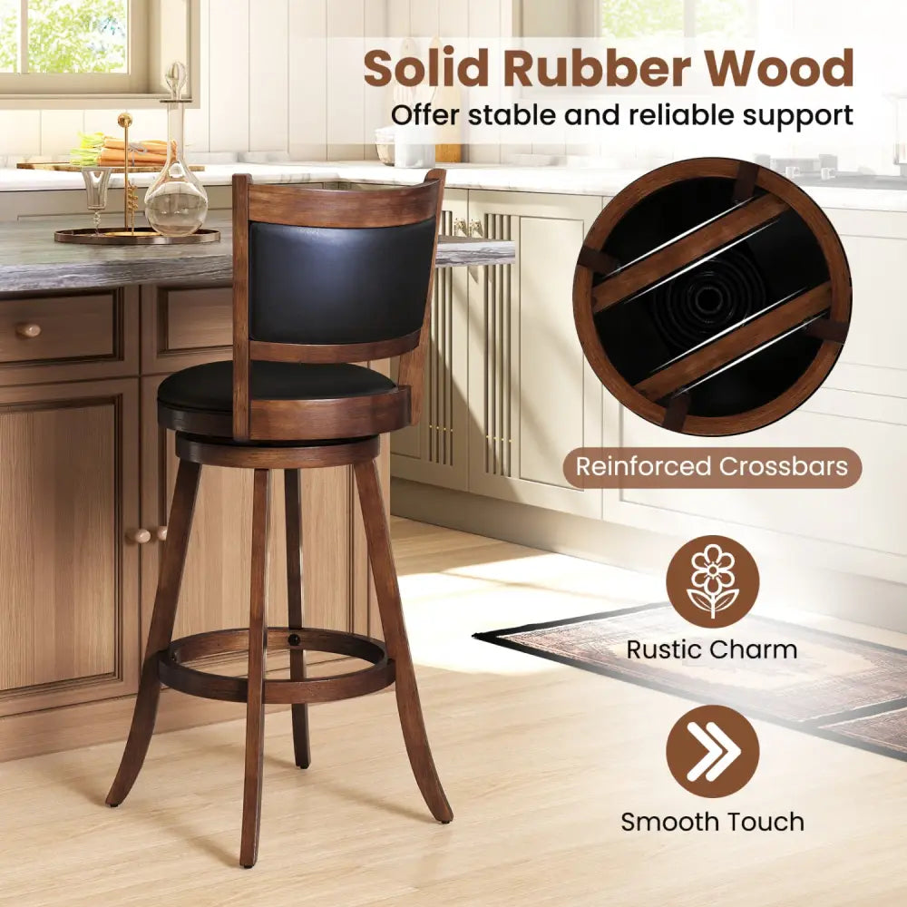 Set of 2 29 Inch Swivel Bar Height Stool Wood Dining Chair Barstool-Brown - Brown - Bar Stools
