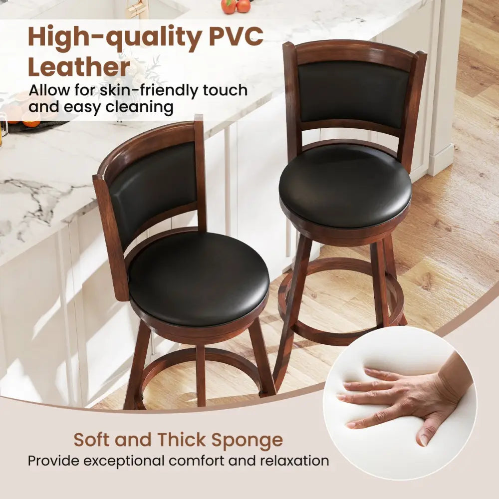 Set of 2 29 Inch Swivel Bar Height Stool Wood Dining Chair Barstool-Brown - Brown - Bar Stools
