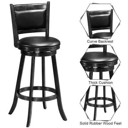 Set of 2 29 Inch Swivel Bar Height Stool Wood Dining Chair Barstool-Black - Black - Bar Stools