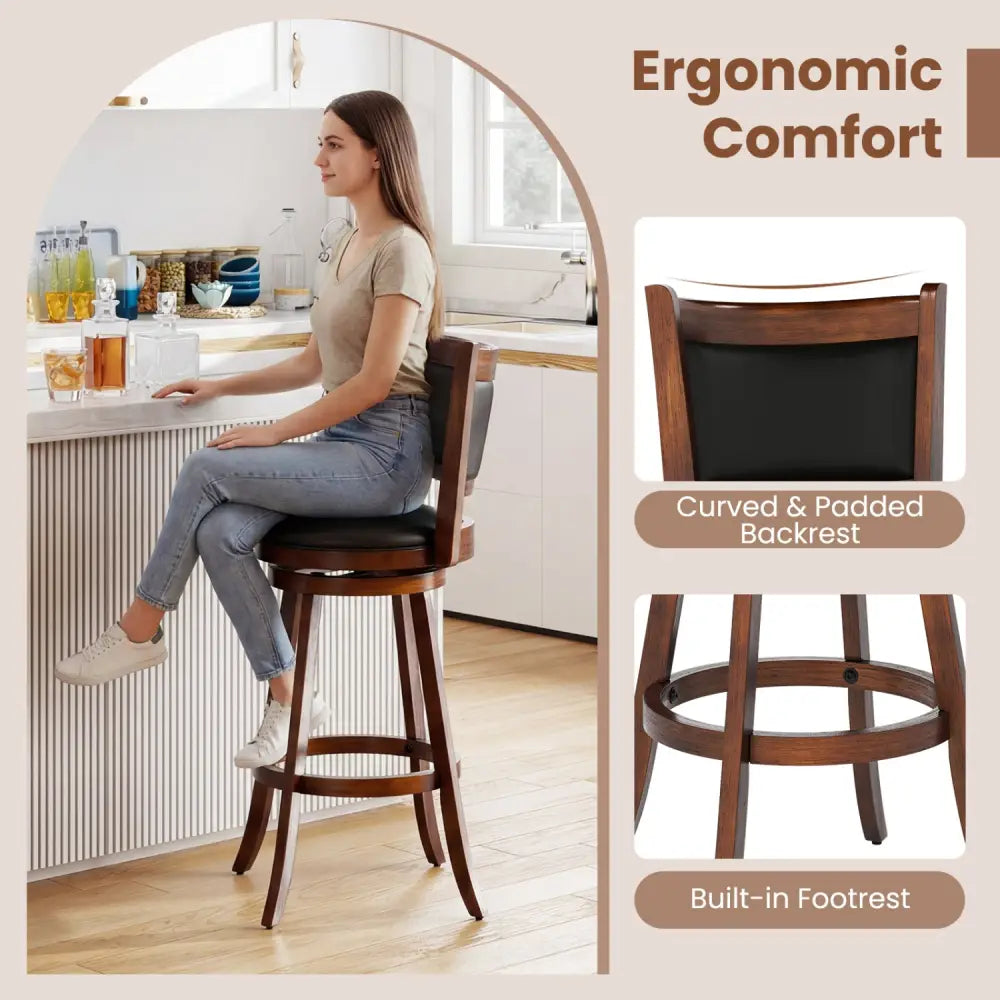 Set of 2 29 Inch Swivel Bar Height Stool Wood Dining Chair Barstool-Brown - Brown - Bar Stools