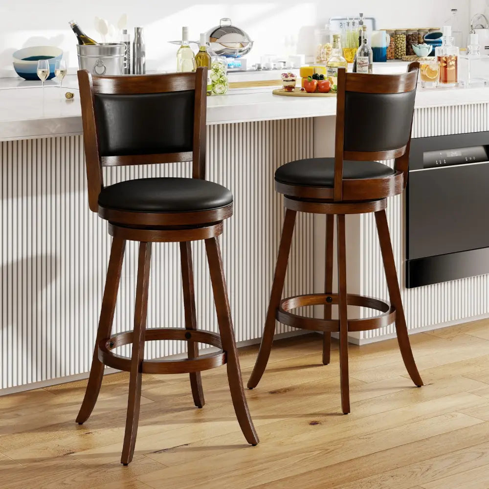 Set of 2 29 Inch Swivel Bar Height Stool Wood Dining Chair Barstool-Brown - Brown - Bar Stools
