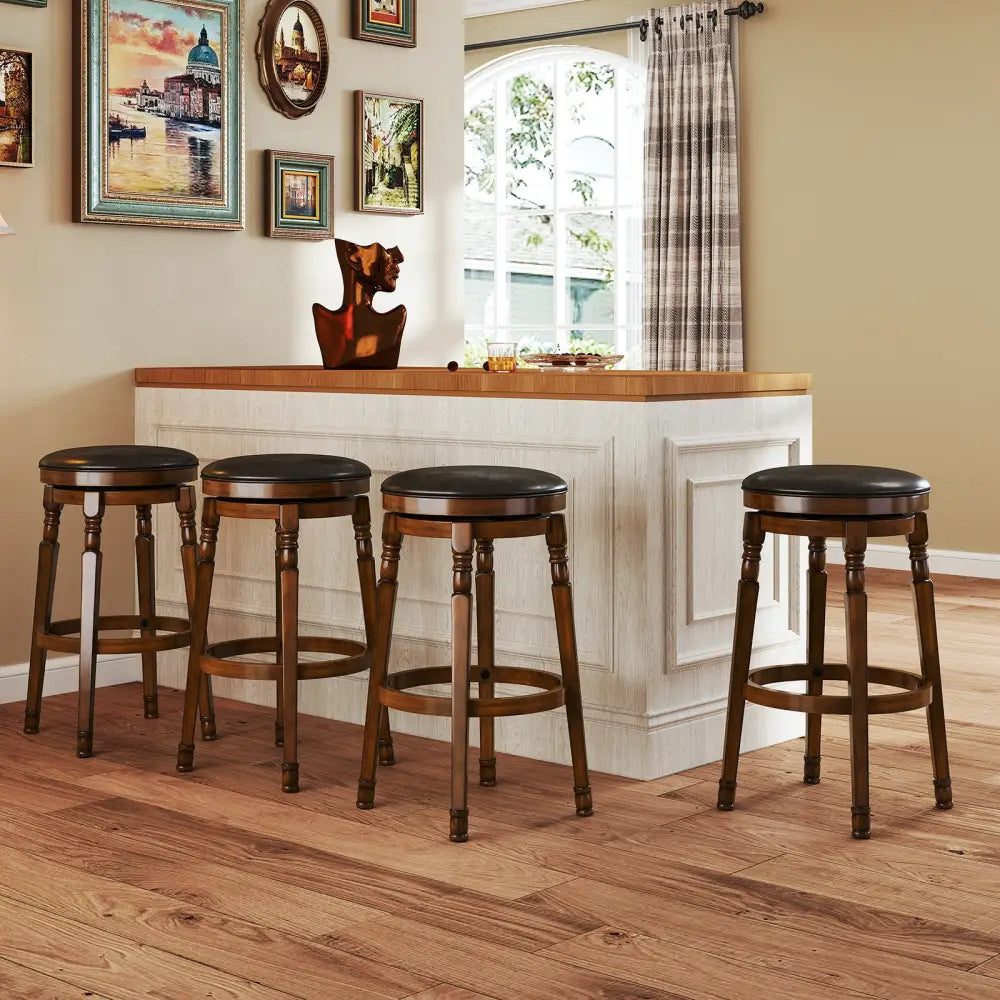 Set of 2 29-Inch Swivel Leather Padded Dining Bar Stools - Walnut - Bar Stools