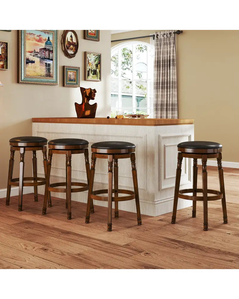 Set of 2 29-Inch Swivel Leather Padded Dining Bar Stools - Walnut - Bar Stools