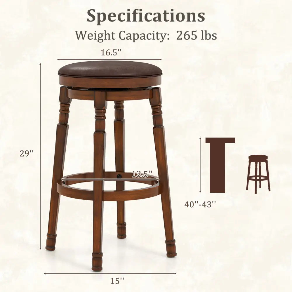 Set of 2 29-Inch Swivel Leather Padded Dining Bar Stools - Walnut - Bar Stools