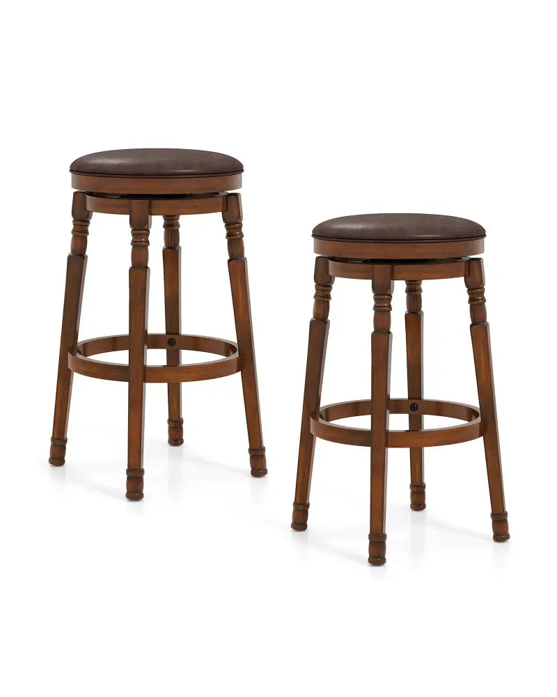 Set of 2 29-Inch Swivel Leather Padded Dining Bar Stools - Walnut - Bar Stools