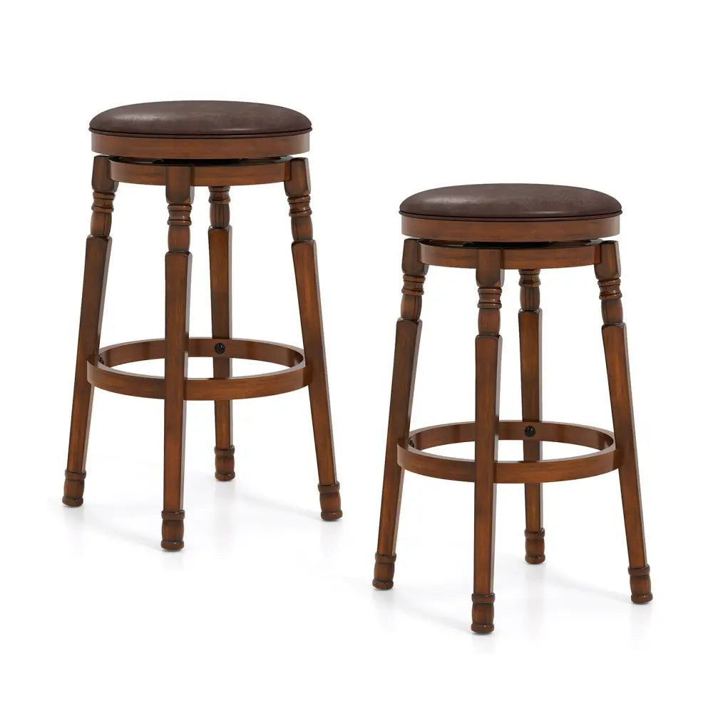 Set of 2 29-Inch Swivel Leather Padded Dining Bar Stools - Walnut - Bar Stools