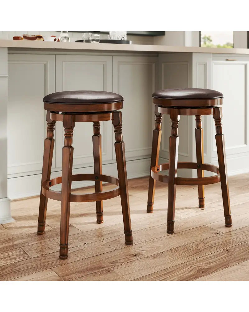 Set of 2 29-Inch Swivel Leather Padded Dining Bar Stools - Walnut - Bar Stools