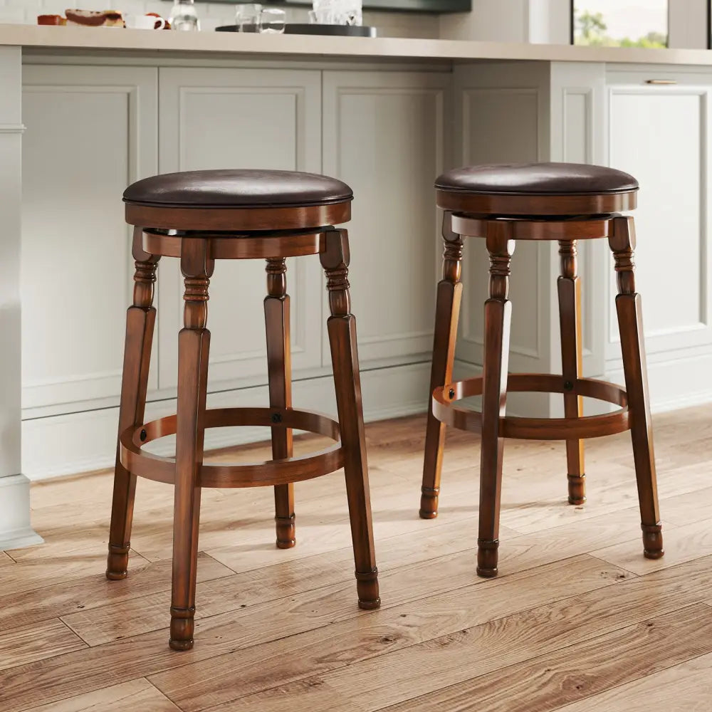 Set of 2 29-Inch Swivel Leather Padded Dining Bar Stools - Walnut - Bar Stools