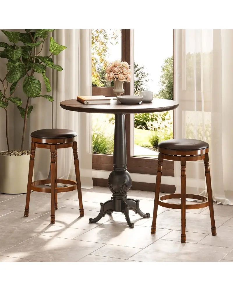 Set of 2 29-Inch Swivel Leather Padded Dining Bar Stools - Walnut - Bar Stools