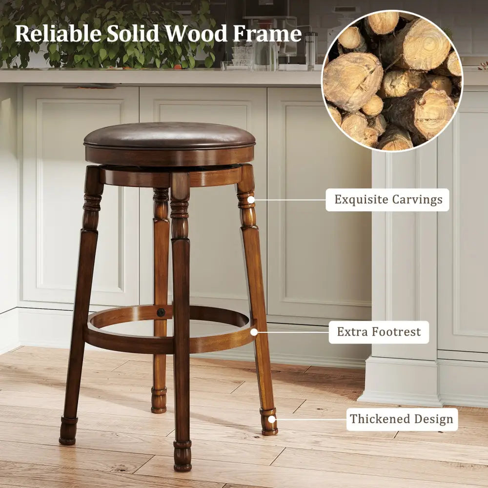 Set of 2 29-Inch Swivel Leather Padded Dining Bar Stools - Walnut - Bar Stools