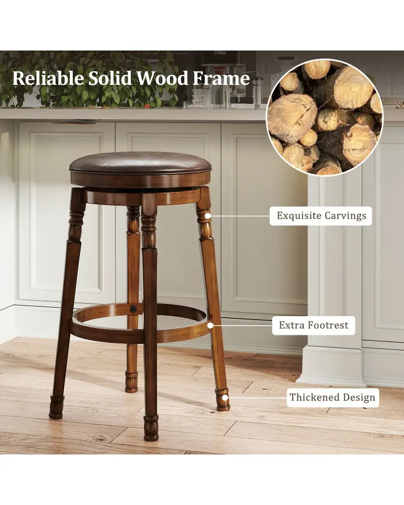 Set of 2 29-Inch Swivel Leather Padded Dining Bar Stools - Walnut - Bar Stools