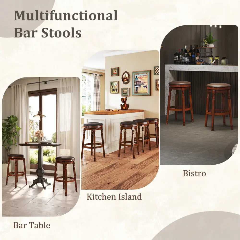 Set of 2 29-Inch Swivel Leather Padded Dining Bar Stools - Walnut - Bar Stools