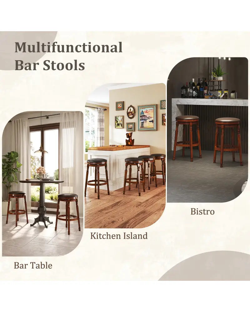 Set of 2 29-Inch Swivel Leather Padded Dining Bar Stools - Walnut - Bar Stools