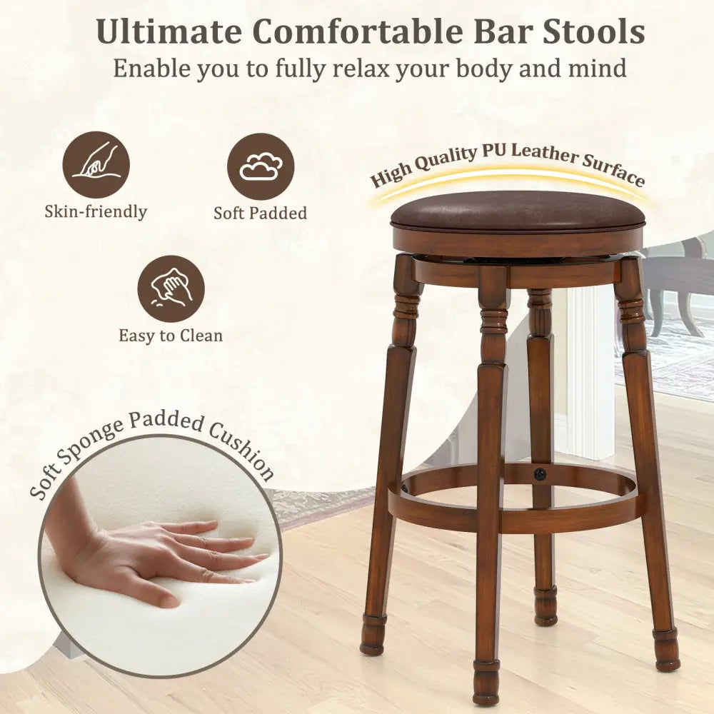 Set of 2 29-Inch Swivel Leather Padded Dining Bar Stools - Walnut - Bar Stools