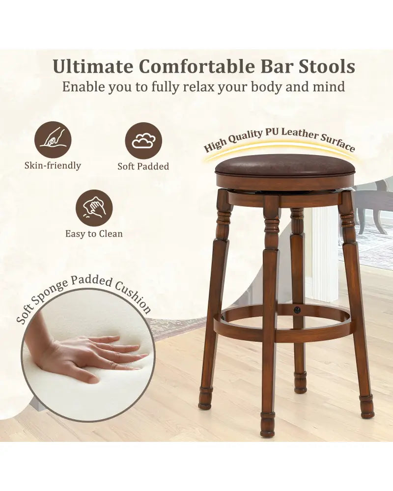 Set of 2 29-Inch Swivel Leather Padded Dining Bar Stools - Walnut - Bar Stools