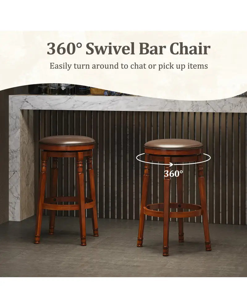 Set of 2 29-Inch Swivel Leather Padded Dining Bar Stools - Walnut - Bar Stools