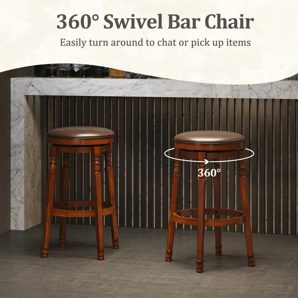 Set of 2 29-Inch Swivel Leather Padded Dining Bar Stools - Walnut - Bar Stools