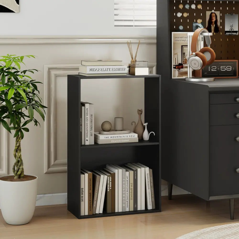 Set of 2 3-Tier Bookshelf with Open Storage Compartment and Freestanding Display Shelf-Black - Black - Bookcases