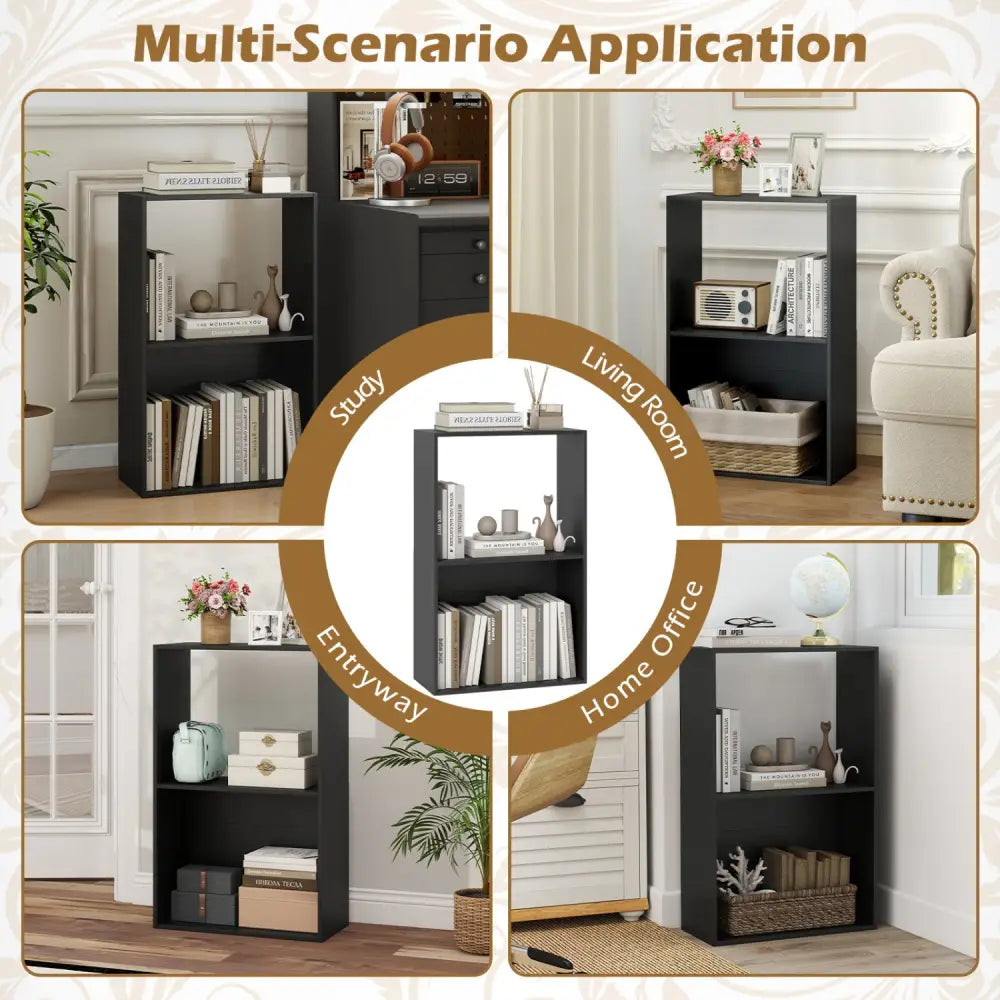 Set of 2 3-Tier Bookshelf with Open Storage Compartment and Freestanding Display Shelf-Black - Black - Bookcases