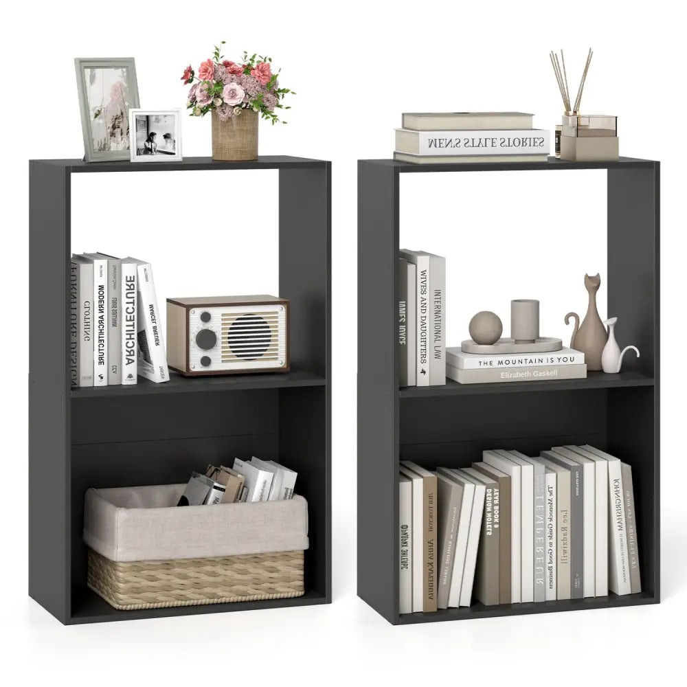 Set of 2 3-Tier Bookshelf with Open Storage Compartment and Freestanding Display Shelf-Black - Black - Bookcases