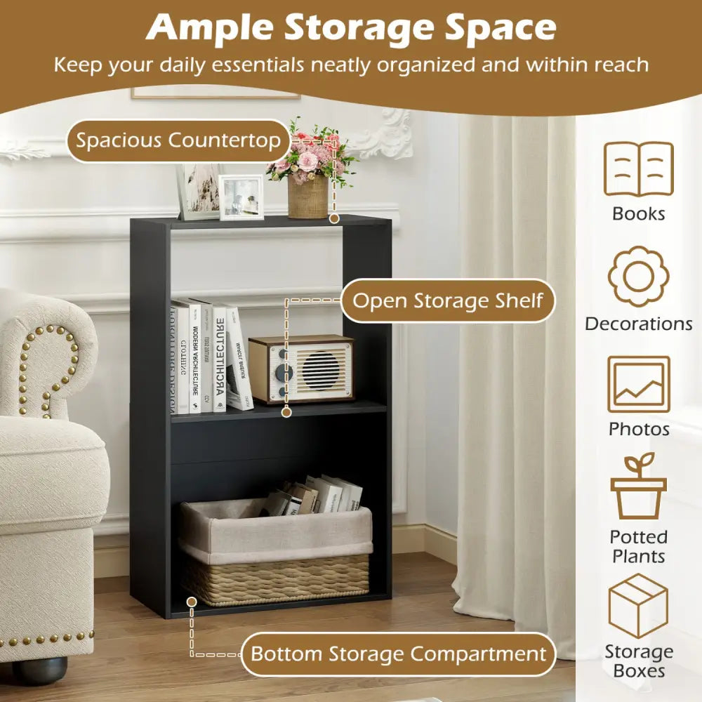 Set of 2 3-Tier Bookshelf with Open Storage Compartment and Freestanding Display Shelf-Black - Black - Bookcases