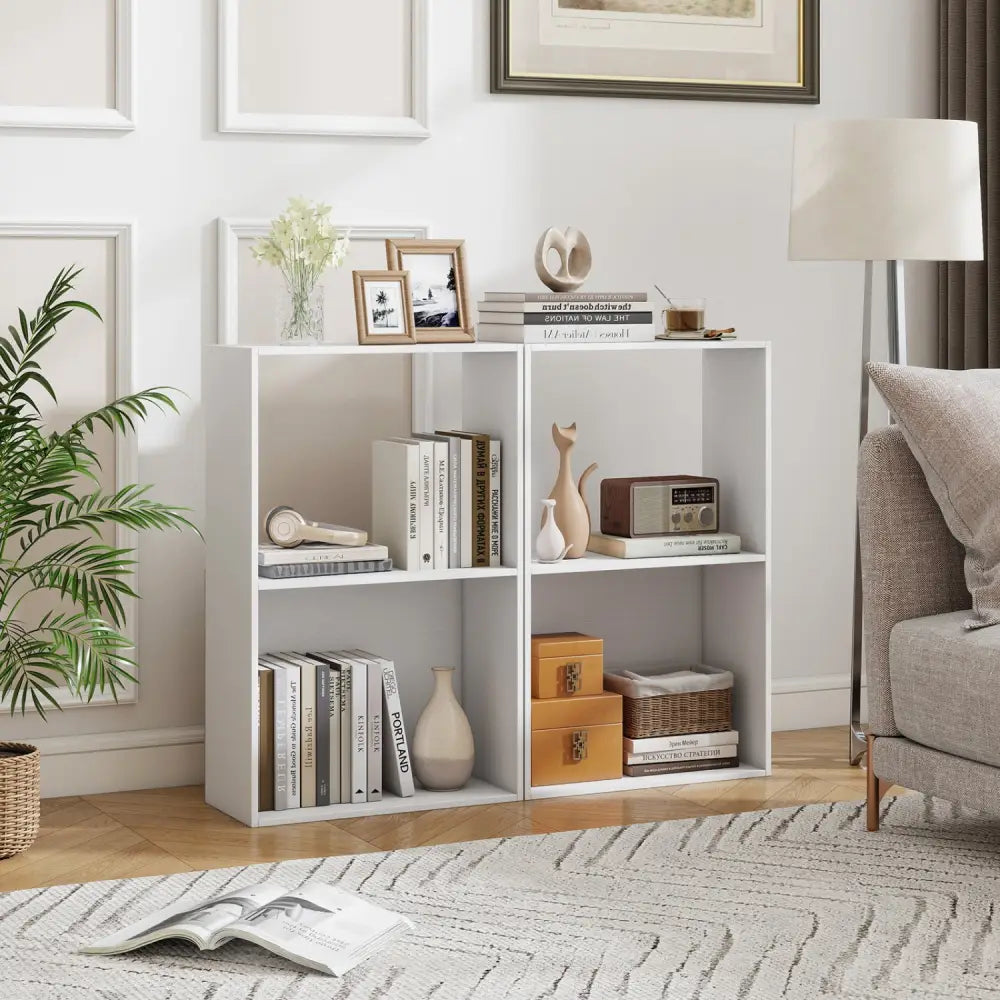 Set of 2 3-Tier Bookshelf with Open Storage Compartment and Freestanding Display Shelf-White - White - Bookcases