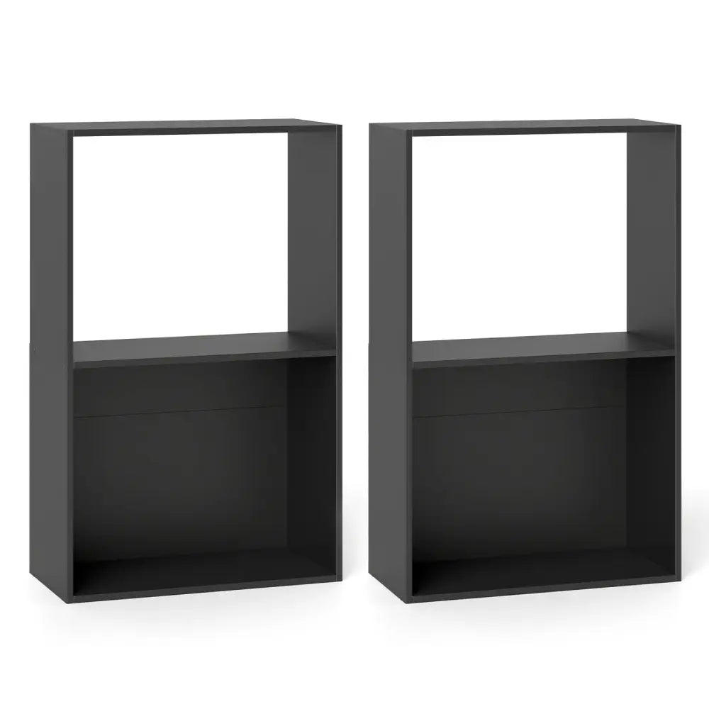 Set of 2 3-Tier Bookshelf with Open Storage Compartment and Freestanding Display Shelf-Black - Black - Bookcases