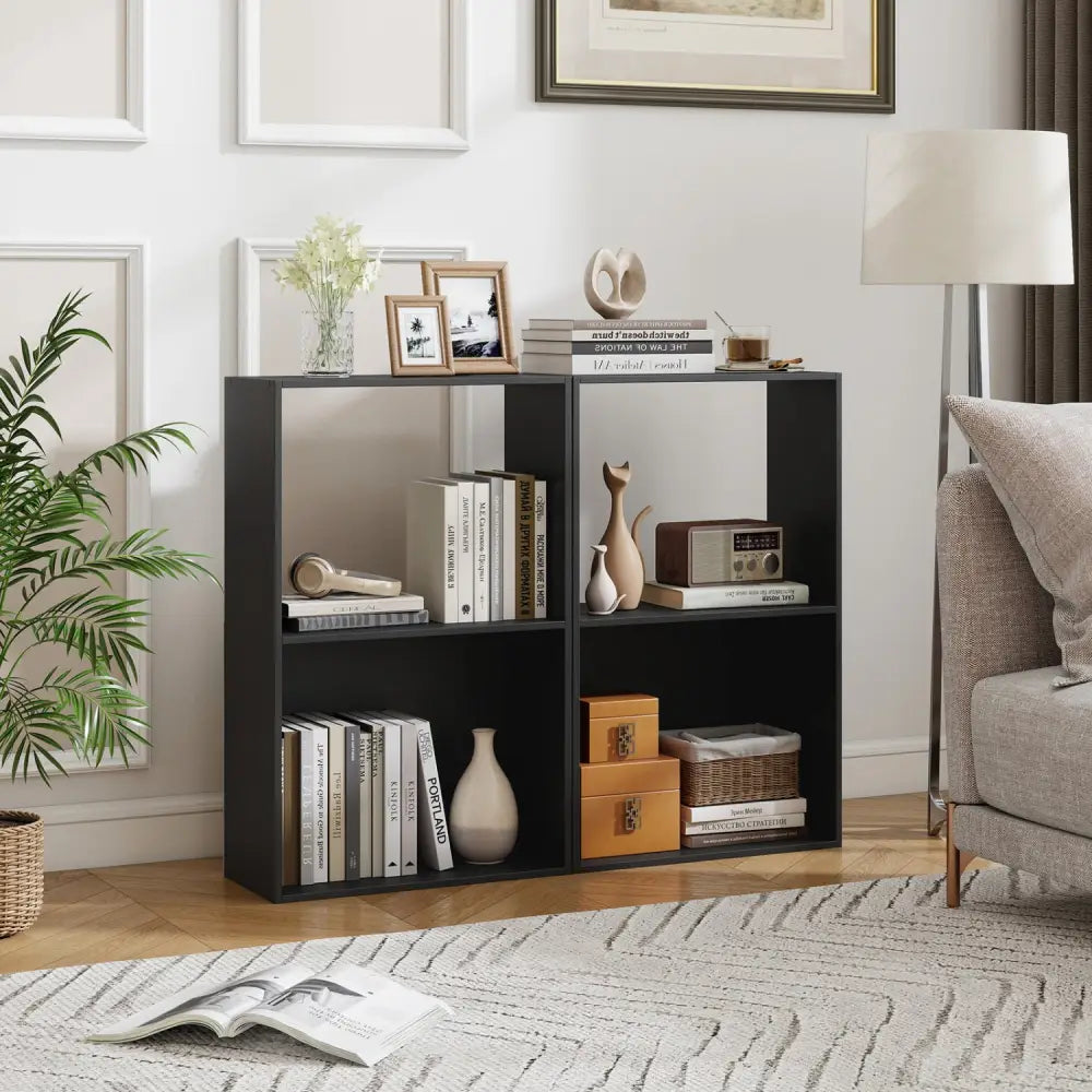 Set of 2 3-Tier Bookshelf with Open Storage Compartment and Freestanding Display Shelf-Black - Black - Bookcases
