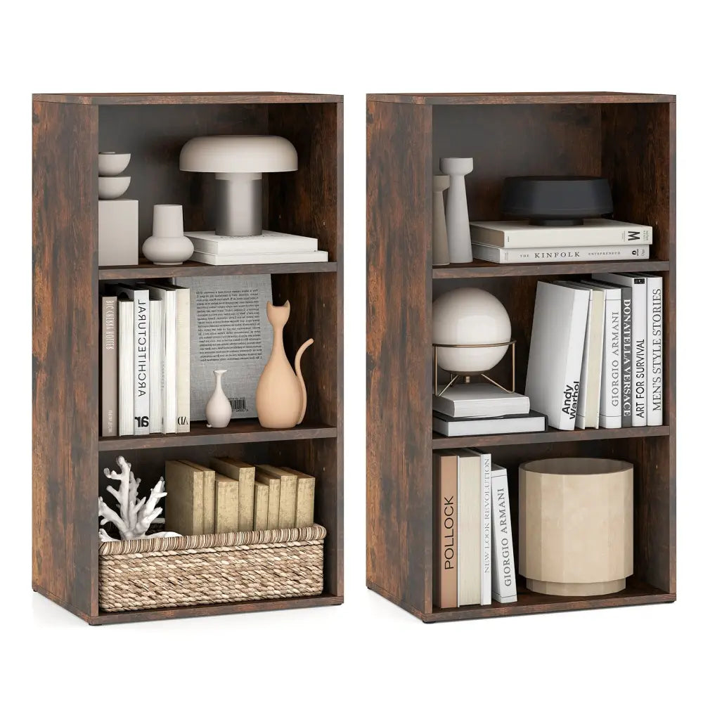 Set of 2 3-Tier Cube Bookcase with Adjustable Shelves for Home Office-Rustic Brown - Rustic Brown - Bookcases