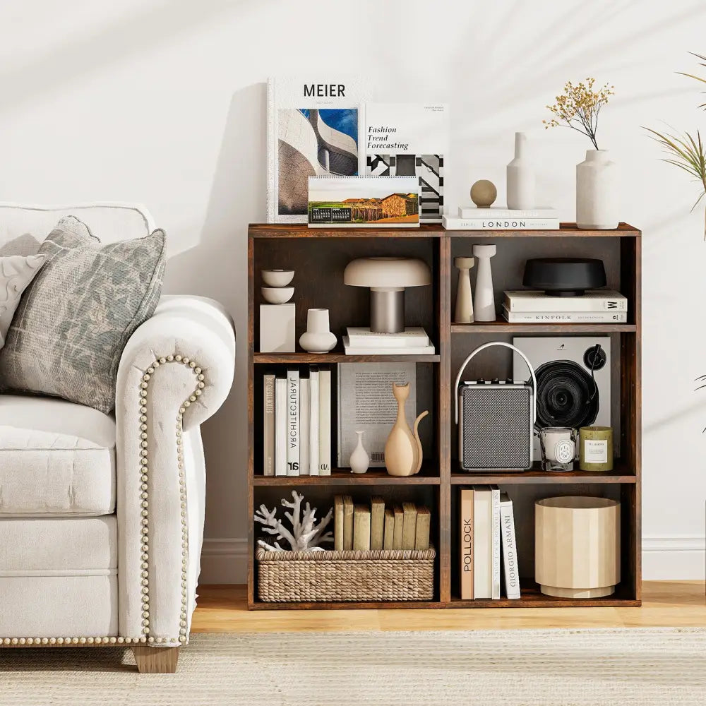 Set of 2 3-Tier Cube Bookcase with Adjustable Shelves for Home Office-Rustic Brown - Rustic Brown - Bookcases