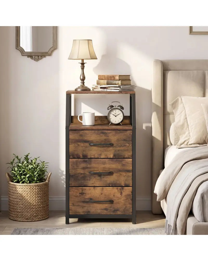 Set of 2 30.5’’ Tall Nightstand with 3 Fabric Drawers and 2 Spacious Open Shelves-Rustic Brown - Rustic Brown
