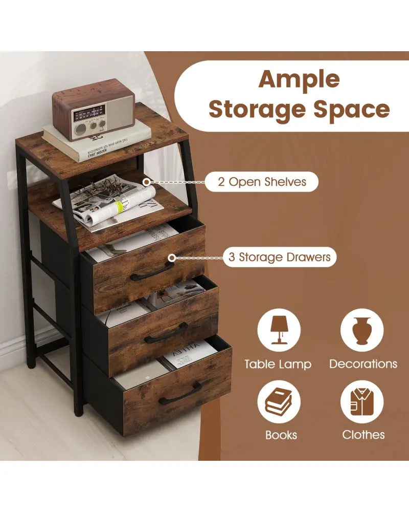 Set of 2 30.5’’ Tall Nightstand with 3 Fabric Drawers and 2 Spacious Open Shelves-Rustic Brown - Rustic Brown