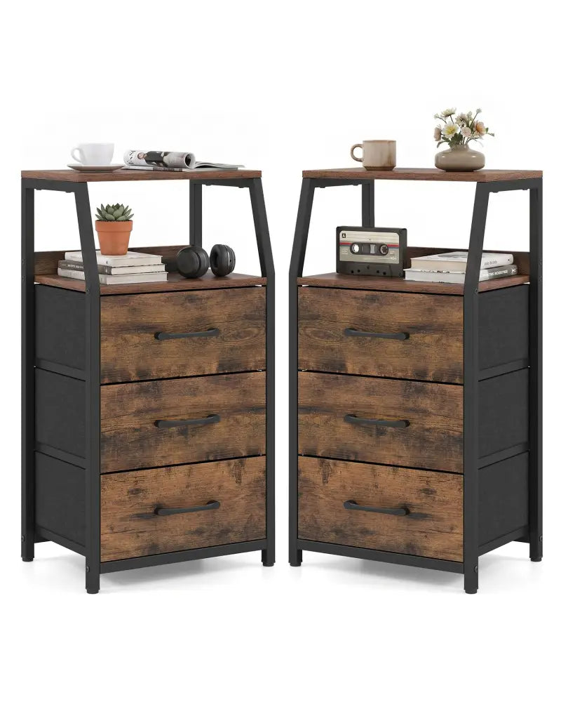 Set of 2 30.5’’ Tall Nightstand with 3 Fabric Drawers and 2 Spacious Open Shelves-Rustic Brown - Rustic Brown