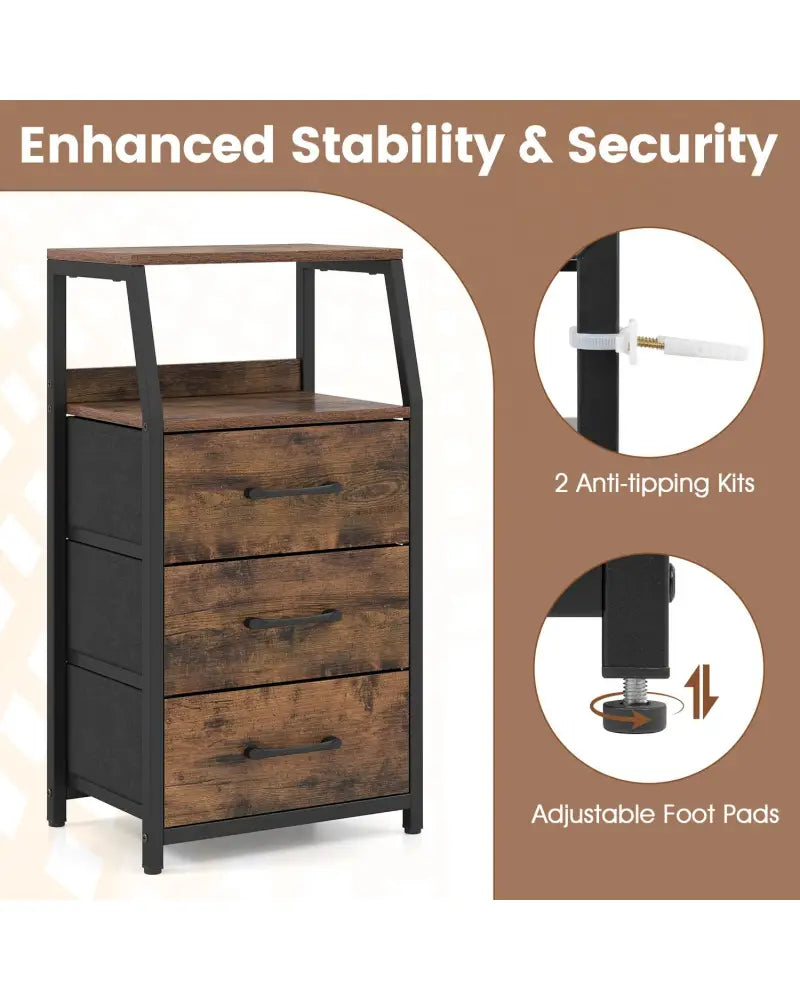 Set of 2 30.5’’ Tall Nightstand with 3 Fabric Drawers and 2 Spacious Open Shelves-Rustic Brown - Rustic Brown
