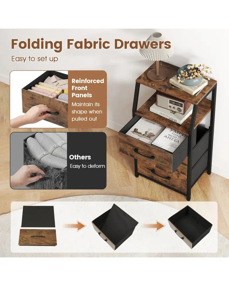 Set of 2 30.5’’ Tall Nightstand with 3 Fabric Drawers and 2 Spacious Open Shelves-Rustic Brown - Rustic Brown
