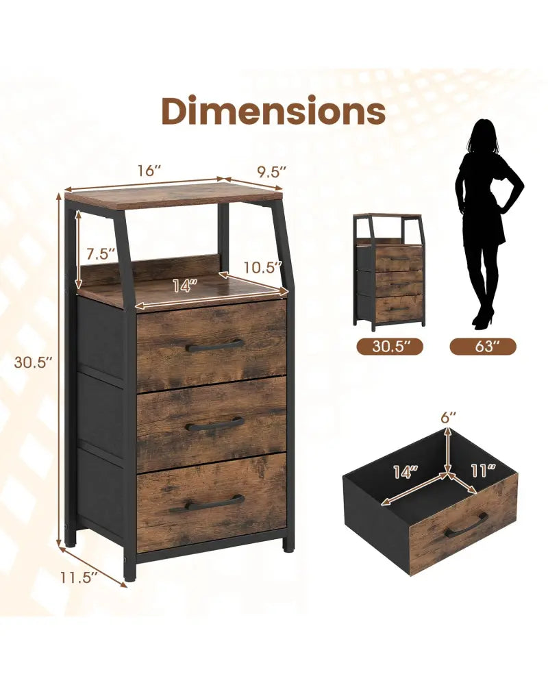 Set of 2 30.5’’ Tall Nightstand with 3 Fabric Drawers and 2 Spacious Open Shelves-Rustic Brown - Rustic Brown