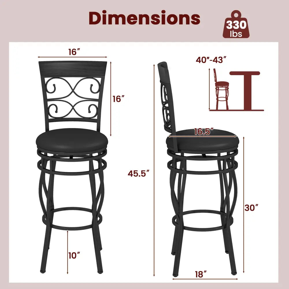 Set of 2 30 Inch Bar Stool with Backrest and Footrest-Black - Black - Bar Stools