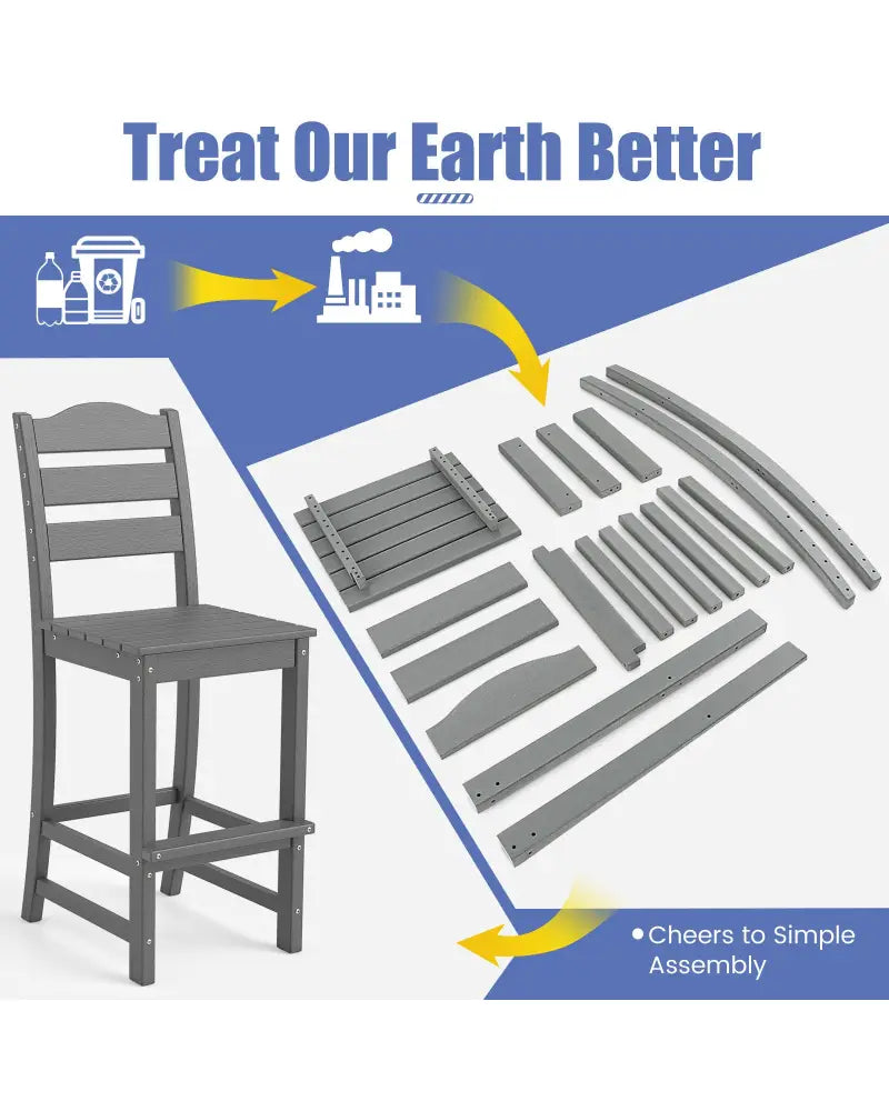 Set of 2 30 Inches HDPE Outdoor Counter Height Bar Stools with Backs-Gray - Gray - Patio Bar Furniture