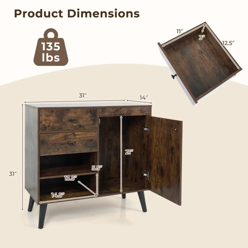 Set of 2 31’’ Buffet Cabinet with 2 Drawers and Open Compartments for Kitchen-Rustic Brown - Rustic Brown - Sideboards