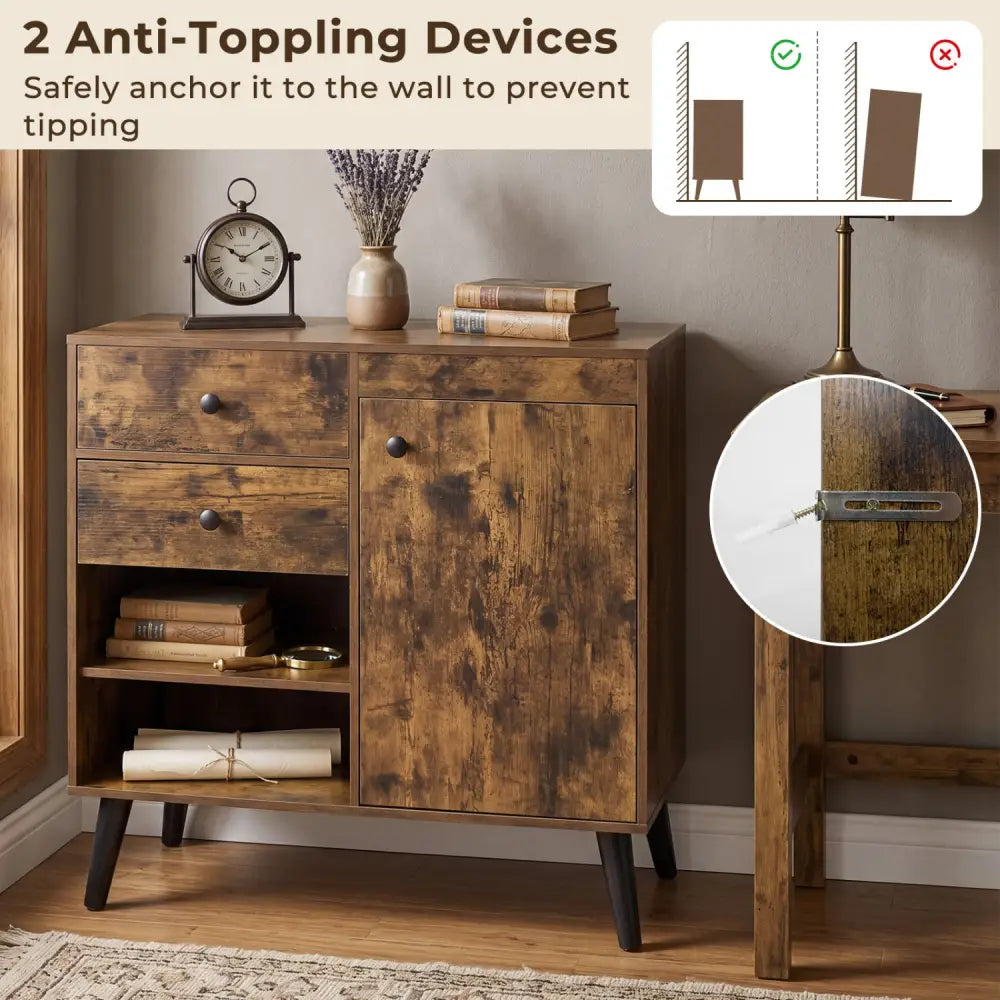 Set of 2 31’’ Buffet Cabinet with 2 Drawers and Open Compartments for Kitchen-Rustic Brown - Rustic Brown - Sideboards