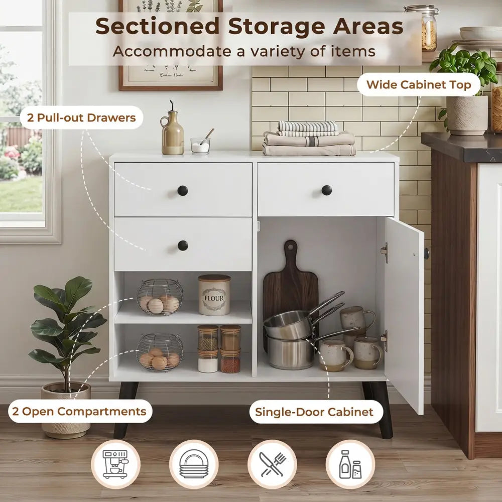 Set of 2 31’’ Buffet Cabinet with 2 Drawers and Open Compartments for Kitchen-White - White - Sideboards Cabinets &
