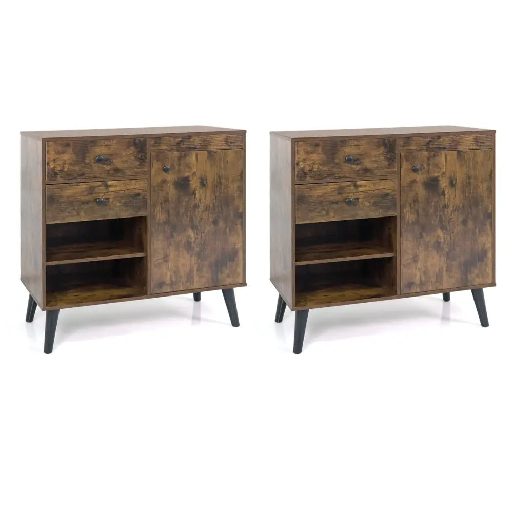 Set of 2 31’’ Buffet Cabinet with 2 Drawers and Open Compartments for Kitchen-Rustic Brown - Rustic Brown - Sideboards