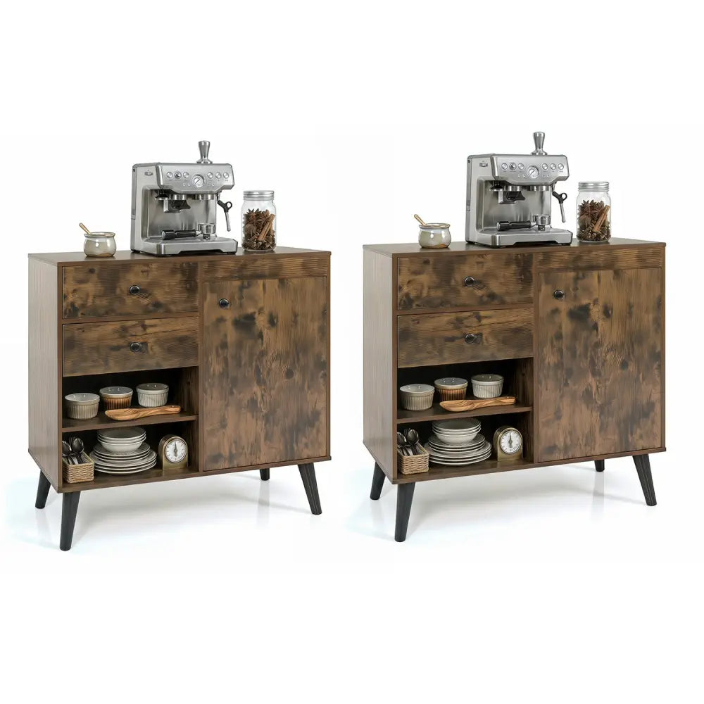 Set of 2 31’’ Buffet Cabinet with 2 Drawers and Open Compartments for Kitchen-Rustic Brown - Rustic Brown - Sideboards