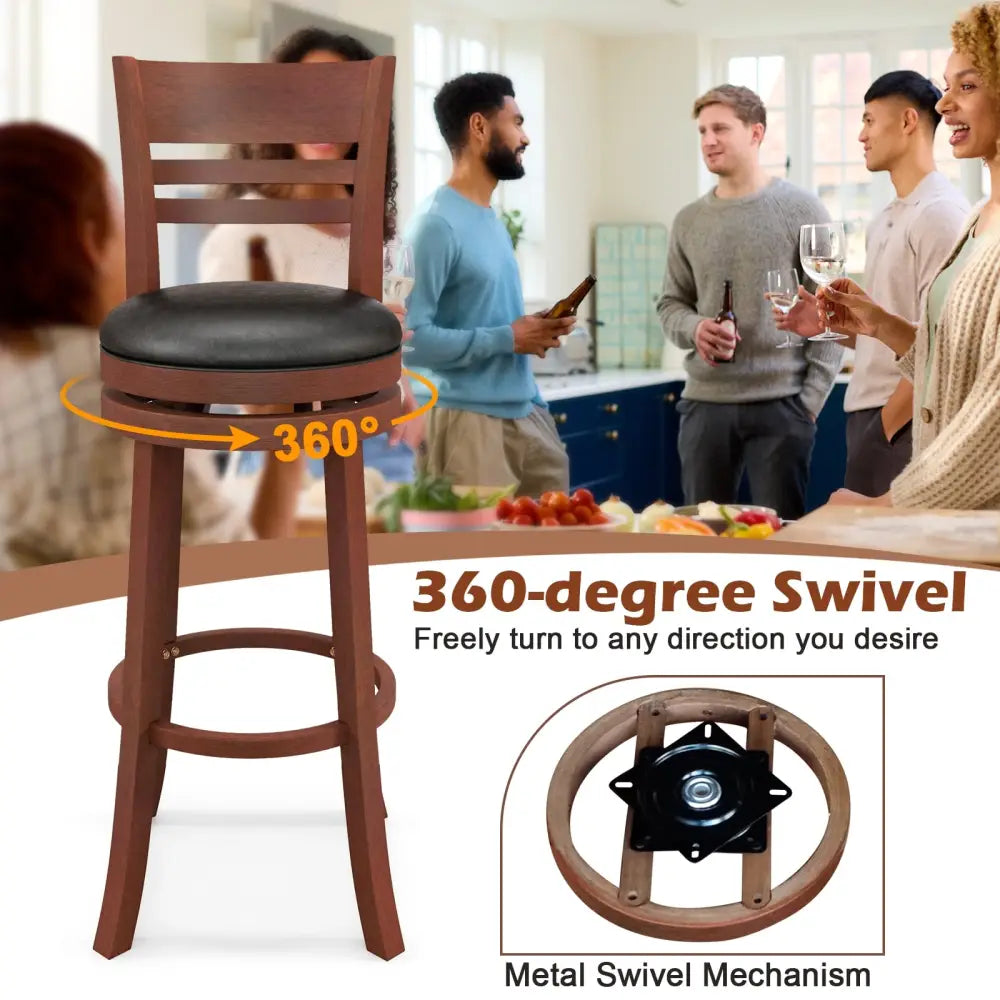 Set of 2 360° Bar Stools with PU Upholstered Seats-Brown - Brown - Bar Stools